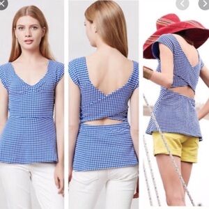 Anthropologie Deletta Neo Gingham Cross Back Peplum Top EUC